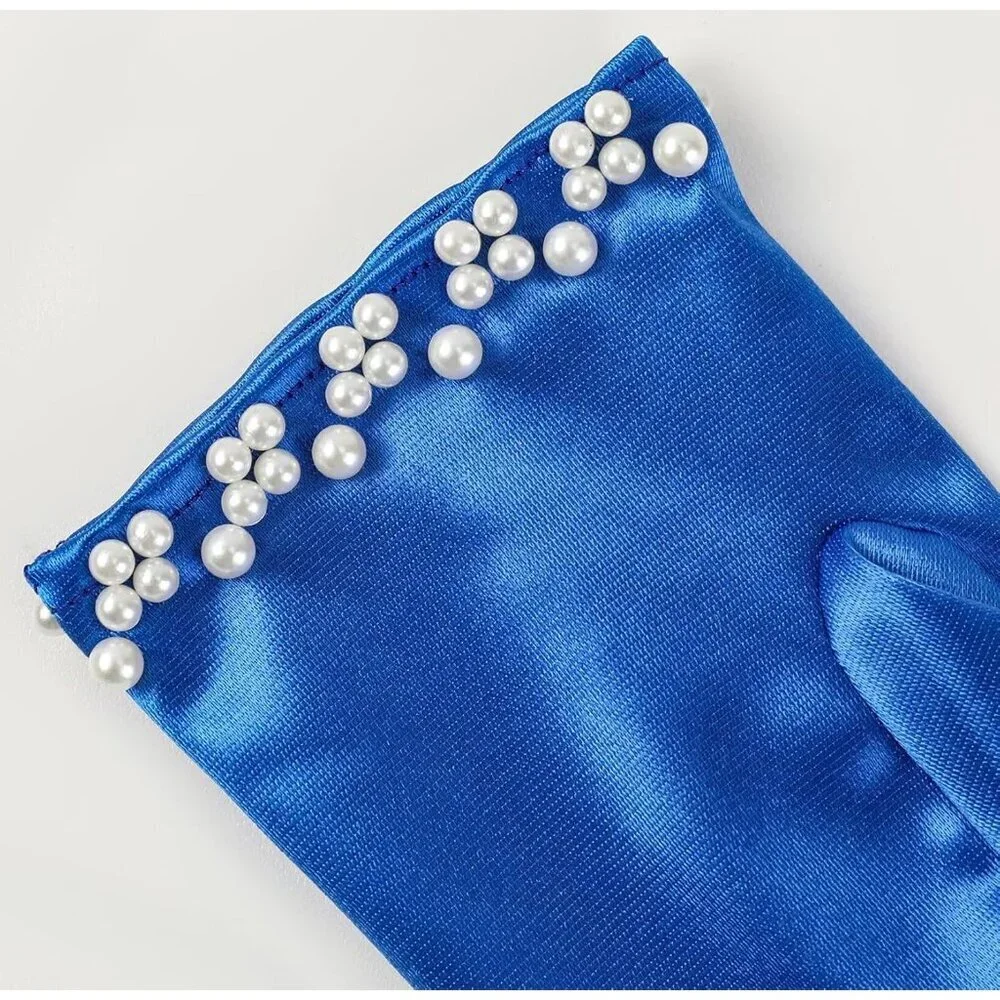 Women's Royal Blue Satin Pearl Short Length Gloves Wedding Banquet Party Prom